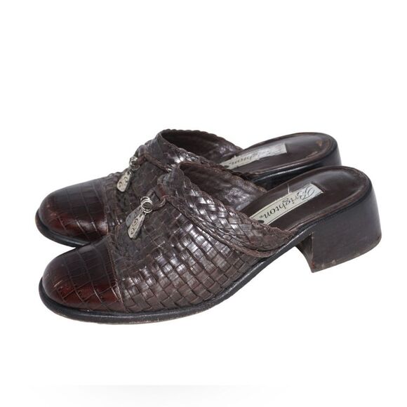 Brighton Vintage Franki Brown Basket Weave Leather Heeled Clogs, Size 7.5 - Picture 1 of 10